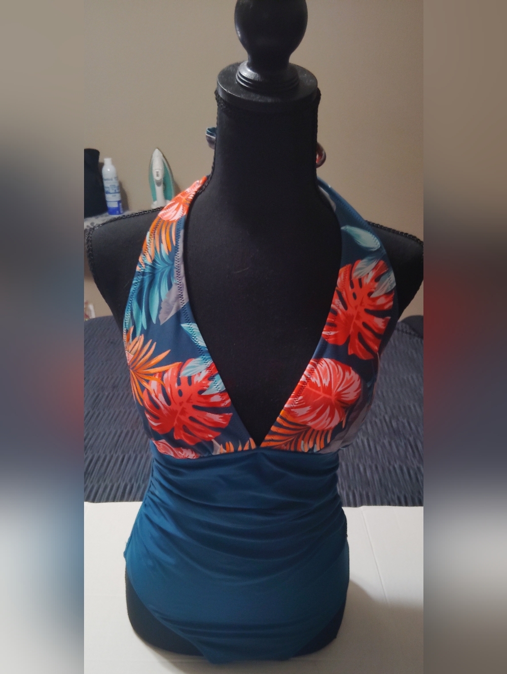 Tropical Halter Swim Bathing Suit in Teal with Coral Leaf Print